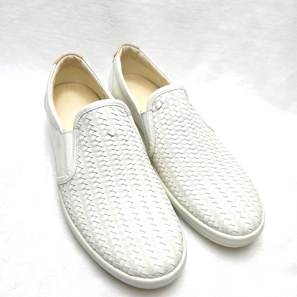 Ecco Soft 7 White Leather Woven Slip On Sneakers